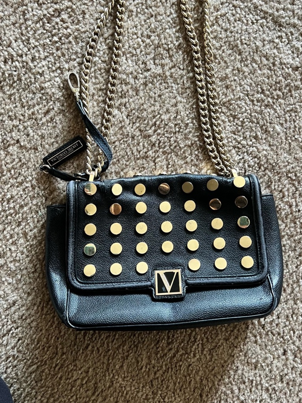 Victoria Secret Black Leather Crossbody with Gold Studs and Chain